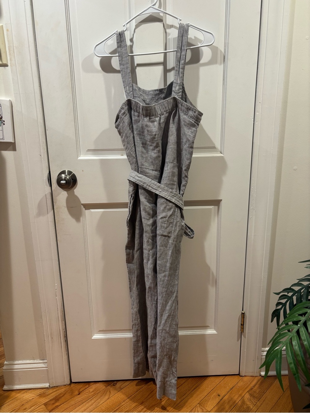 Everlane square neck linen jumpsuit, striped